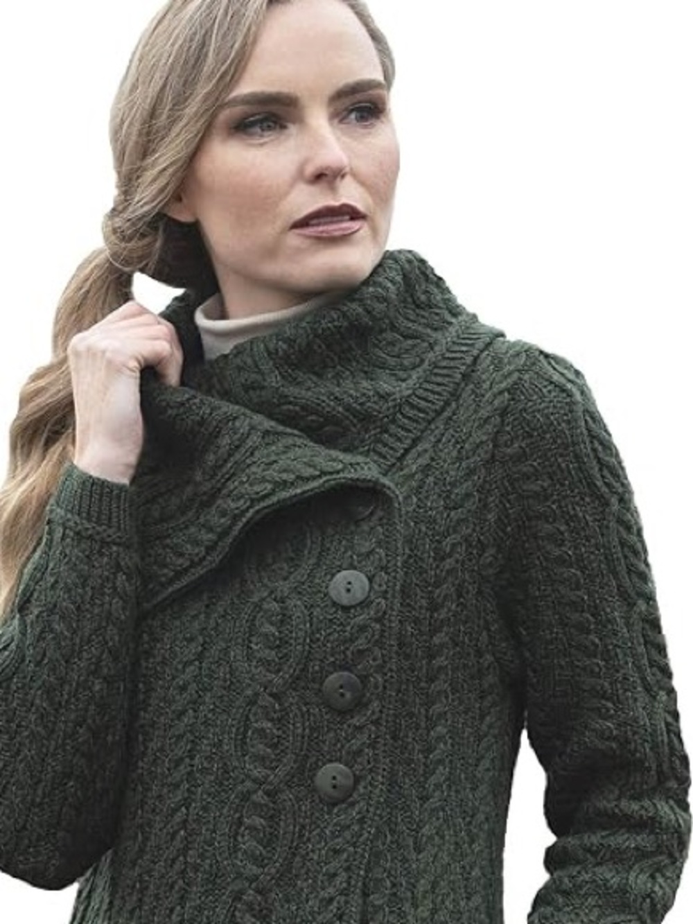Aran Crafts Irish Merino Wool Chunky Collar Cable Knit Cardigan Coat L Green